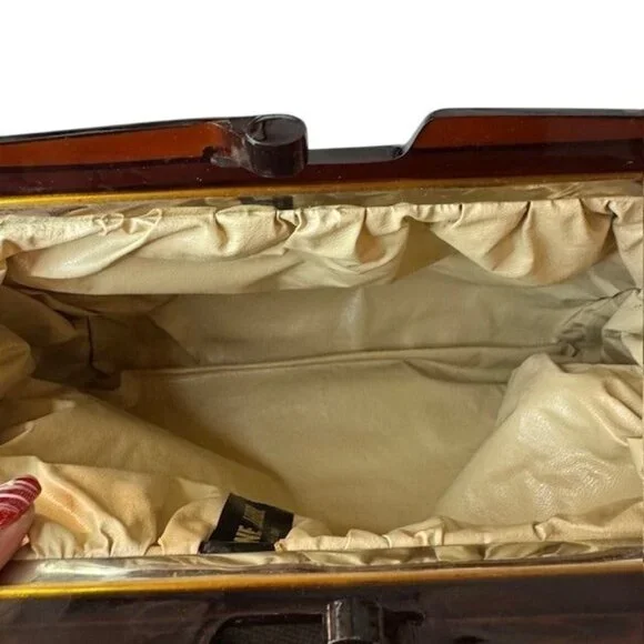 Vintage Yellow Leather Clutch Purse With Wooden Frame Made In Italy - Picture 4 of 6